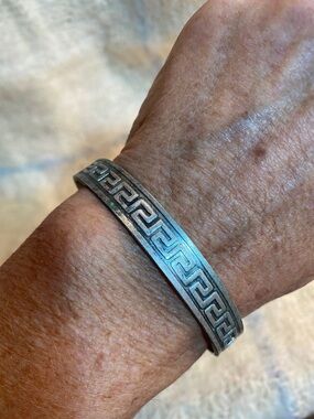 Vintage Greek Key Cuff Bracelet | Silver Tone Etched Bangle | Adjustable 8”